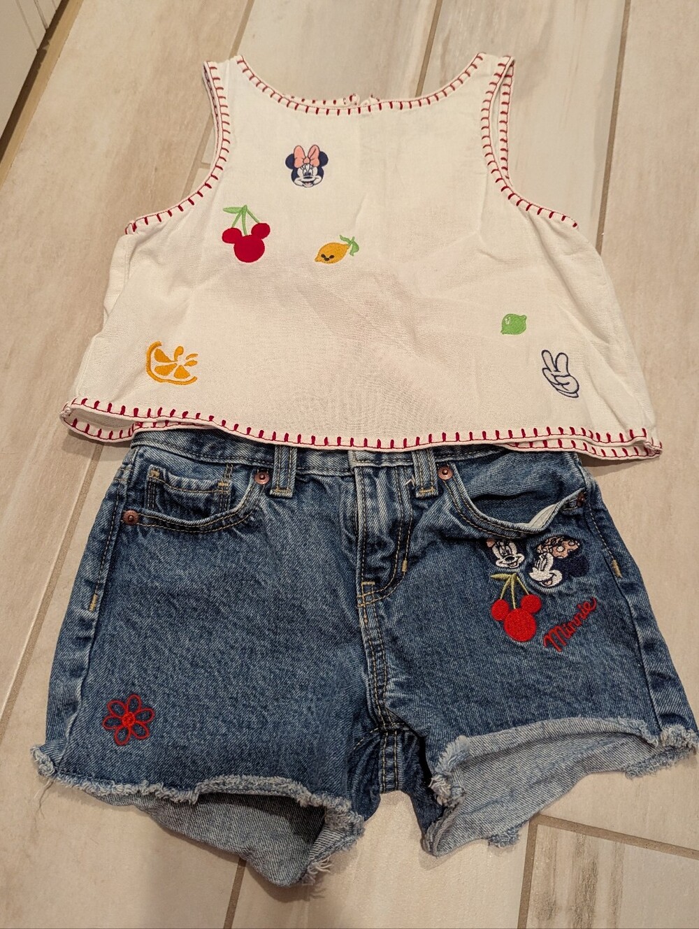 Old Navy X Disney Minnie Mickey Tank Jean Shorts Set Linen Embroidered 6